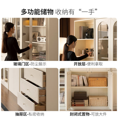 实木书柜白色带玻璃门一体整墙组合落地展示柜法式奶油风