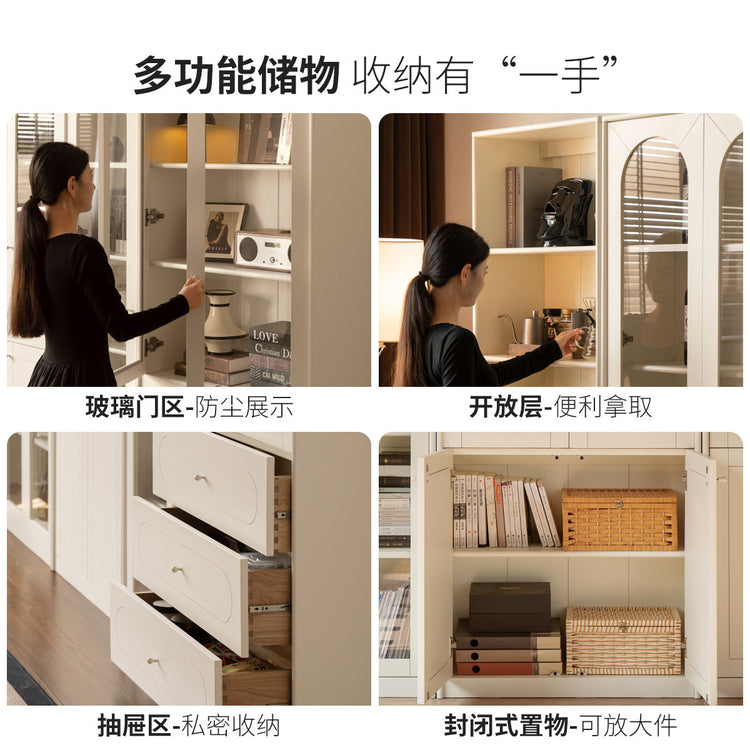 实木书柜白色带玻璃门一体整墙组合落地展示柜法式奶油风