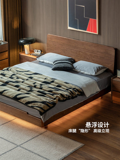 实木床黑胡桃木悬浮床多功能床头夜光床主卧齐边双人床