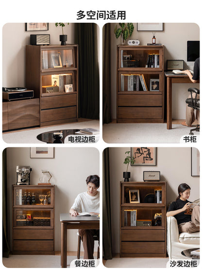实木边柜客厅现代简约沙发翻门展示柜黑胡桃木落地书柜