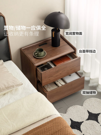 实木床头柜北欧卧室胡桃木带锁床边柜带插座抽屉式储物柜