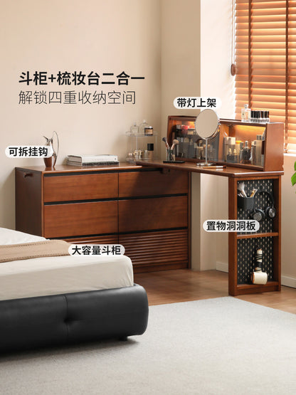 实木梳妆台斗柜洞洞板一体卧室简约复古风转角化妆桌带灯