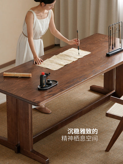 实木书桌餐桌两用侘寂风水曲柳办公桌书房胡桃色长桌