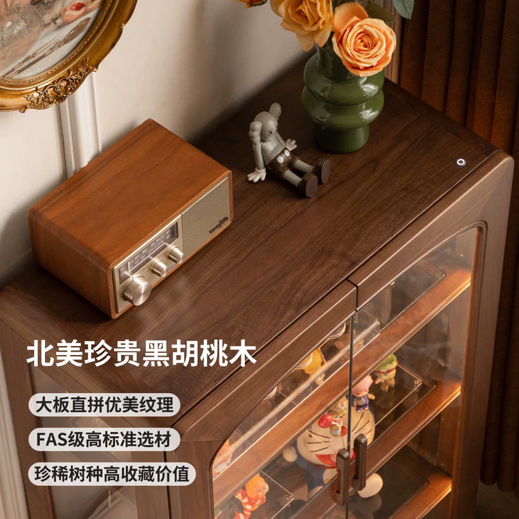 实木边柜客厅黑胡桃木手办柜带灯展示柜复古落地置物柜