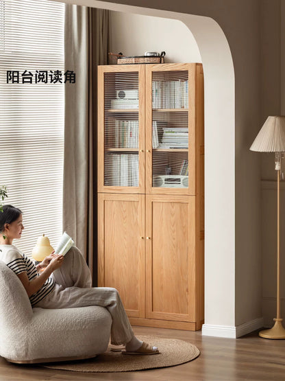 实木书柜书房简约书架置物柜一体橡木玻璃门落地柜