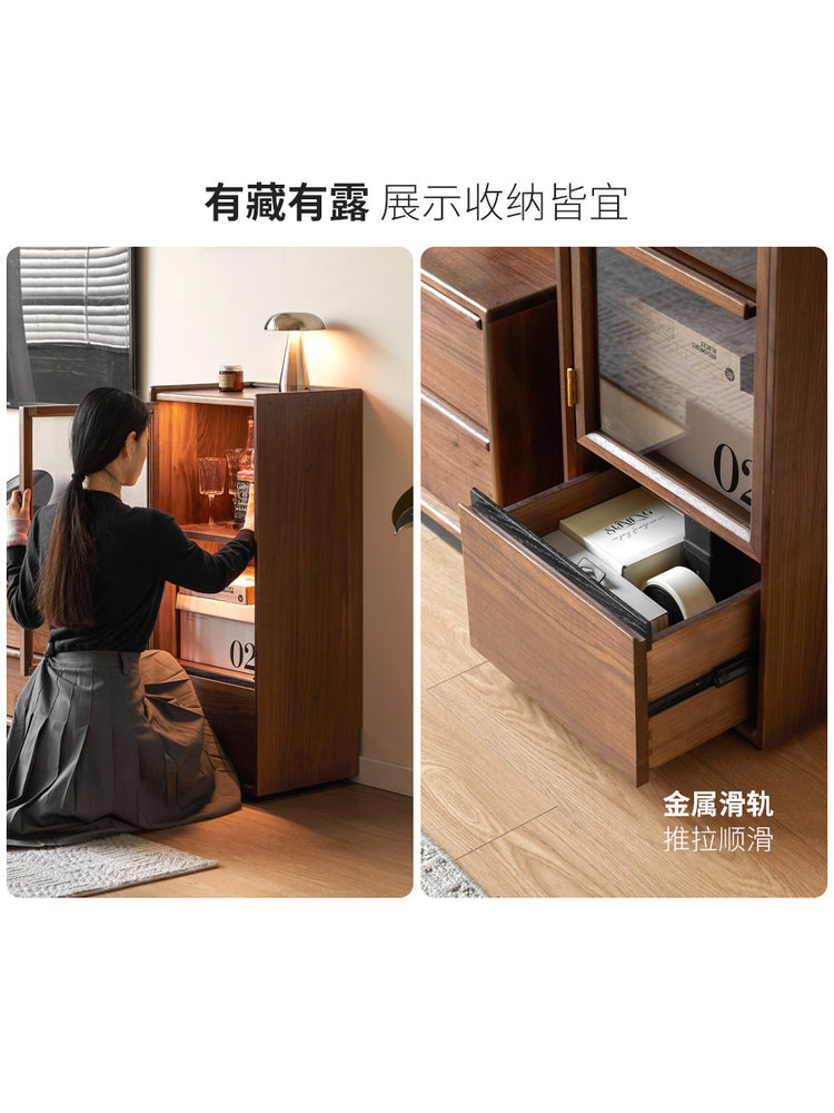 实木边柜客厅落地收纳储物柜黑胡桃木置物柜展示柜