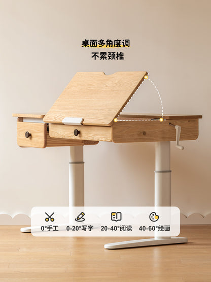 纯实木儿童学习桌可升降手摇书桌小学生写字桌子椅子套装