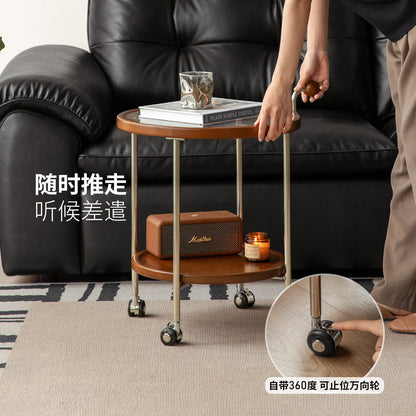 实木边几客厅包豪斯移动圆几中古风小户型双层玻璃小茶几