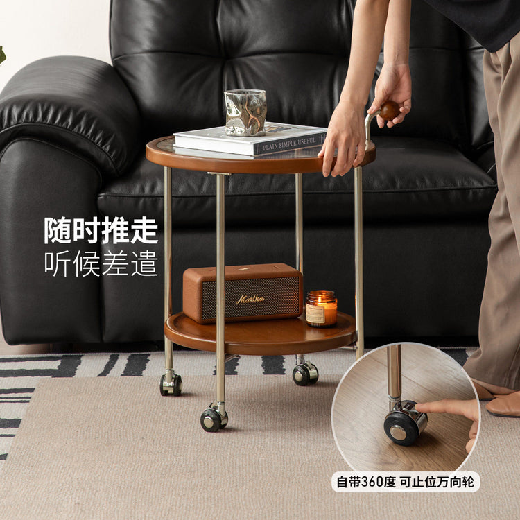 实木边几客厅包豪斯移动圆几中古风小户型双层玻璃小茶几