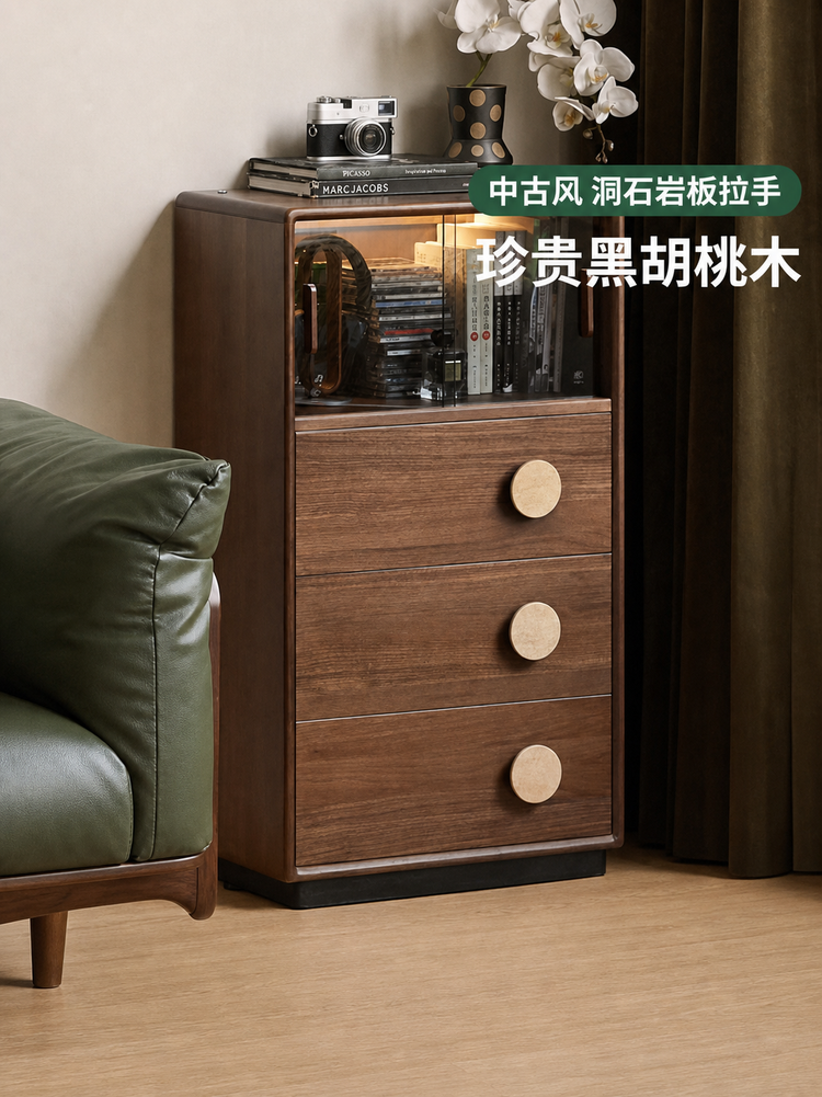 实木边柜客厅复古抽屉储物柜黑胡桃木展示柜落地置物柜
