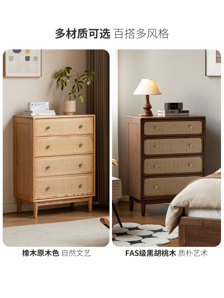 实木斗柜现代简约橡木收纳柜卧室黑色四边柜藤编储物柜