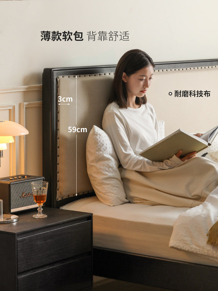 实木床现代简约橡木科技布床卧室黑色双人床美式软靠床