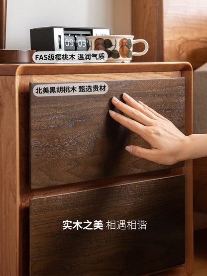 实木床头柜黑胡桃木樱桃木拼色储物柜卧室轻奢双抽收纳柜
