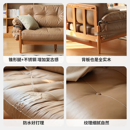 源也三人位樱桃木真皮沙发实木沙发