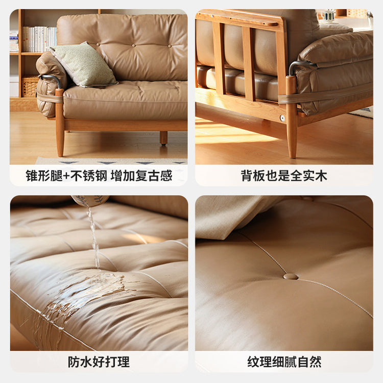 源也三人位樱桃木真皮沙发实木沙发