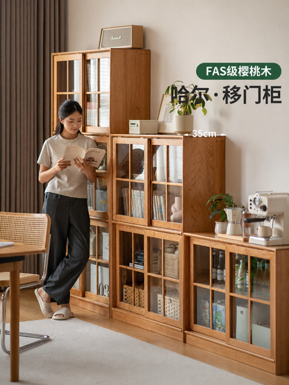 实木书柜书房中古风樱桃木玻璃置物柜简约移门落地柜