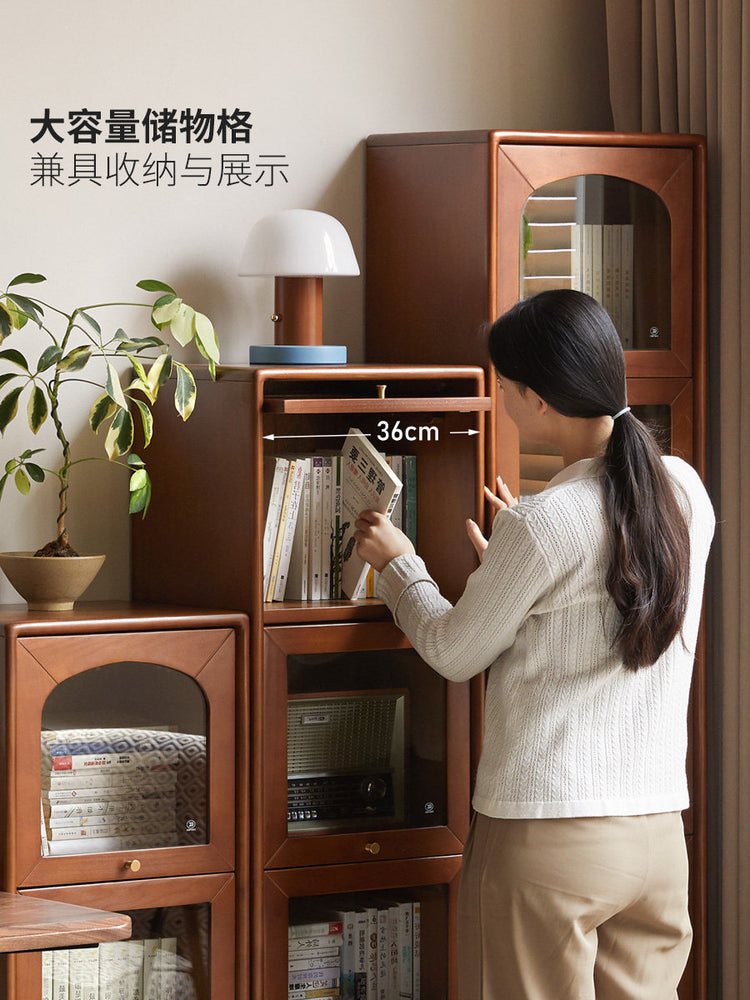 实木书柜中古夹缝收纳展示柜法式复古玻璃门翻门置物柜