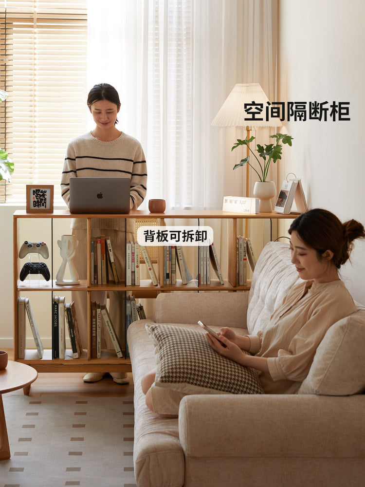 实木书柜现代简约书房一体展示柜橡木格子柜置物架矮书架