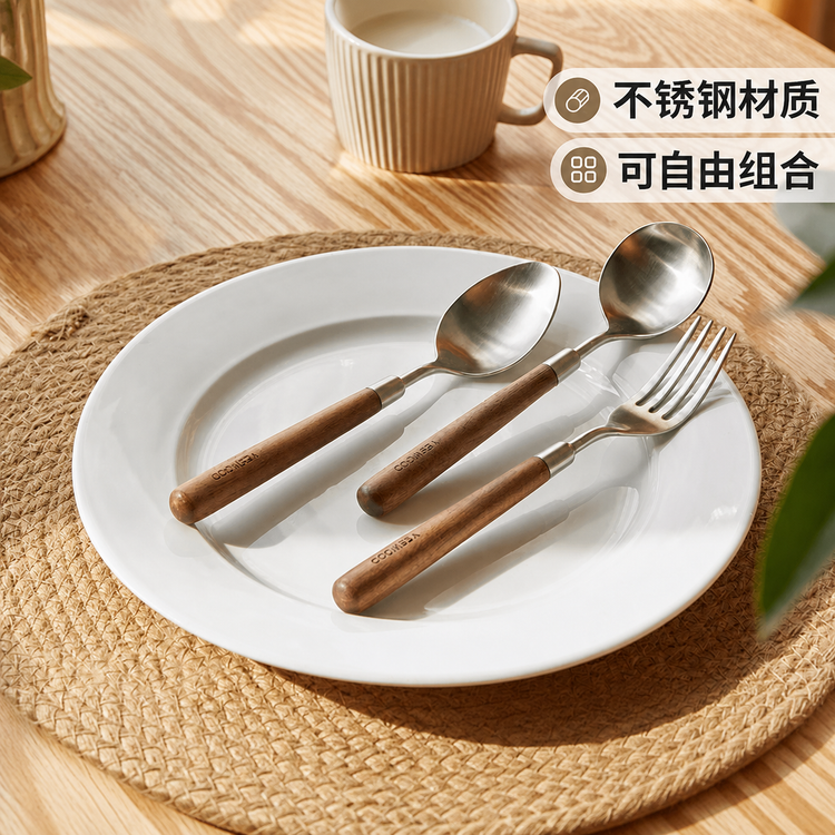 食品级不锈钢餐具儿童用餐勺高颜值简约黑胡桃木餐叉