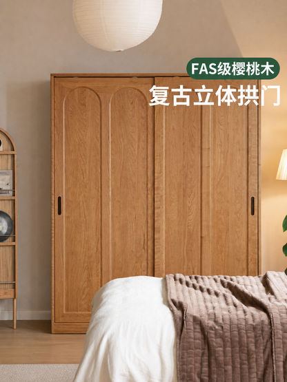 实木衣柜复古移门大衣橱卧室储物柜樱桃木推拉门柜子