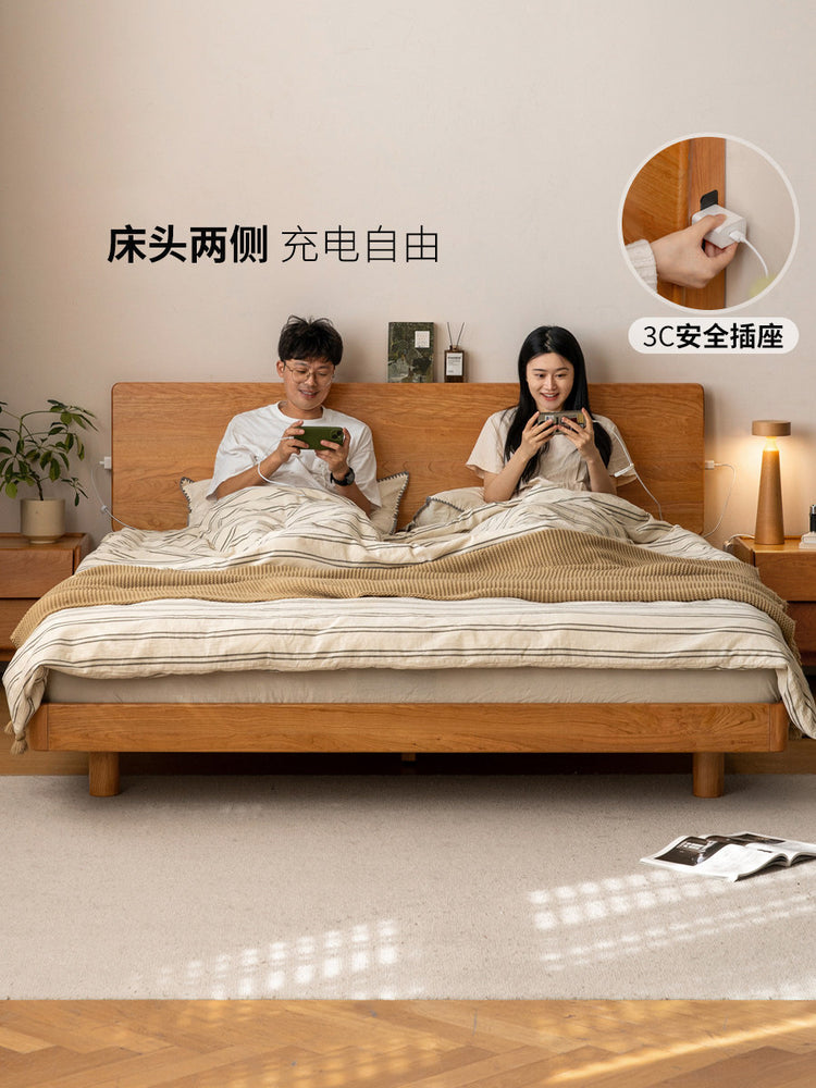 实木床樱桃木复古卧室悬浮床简约带灯双人床可充电斜靠床