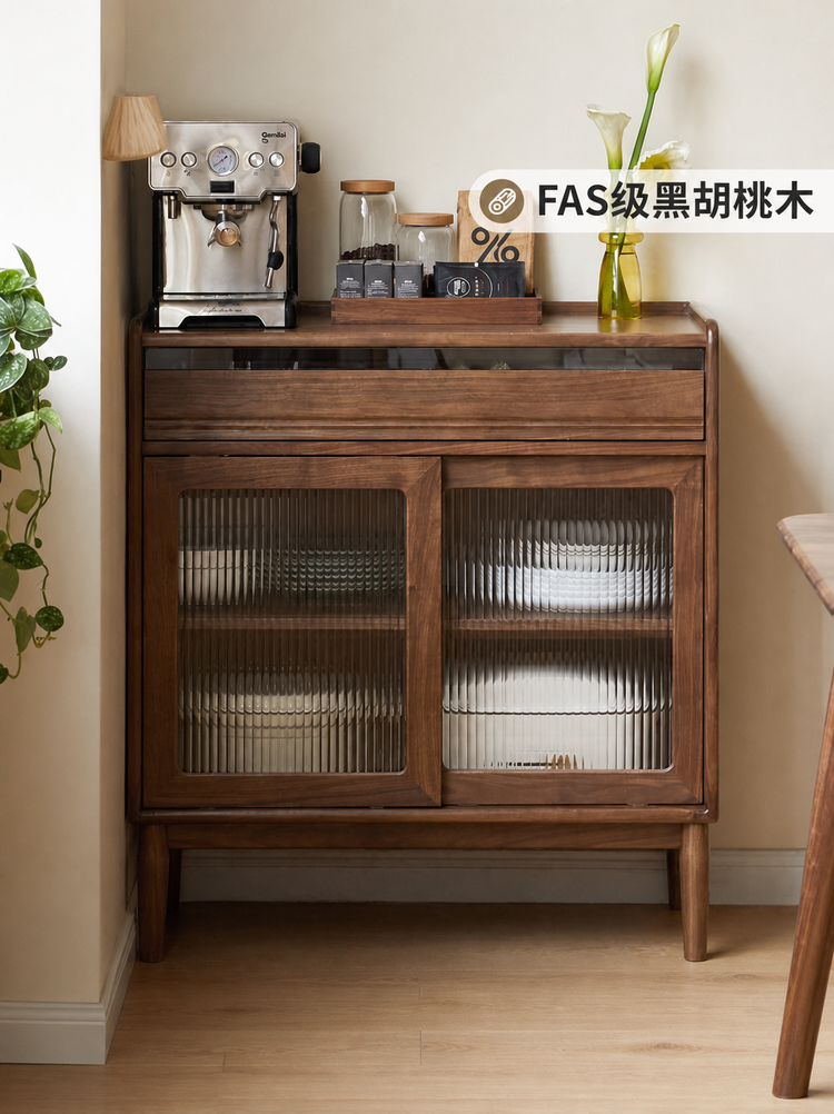 实木餐边柜现代简约储物柜黑胡桃木碗柜茶水柜客厅边柜