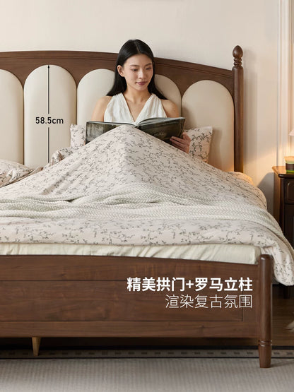 实木床法式复古真皮床卧室黑胡桃木琴键床离地箱体床
