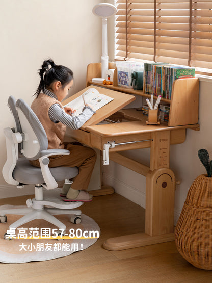 实木儿童学习桌大书桌书架一体桌手摇升降桌学生桌椅套装