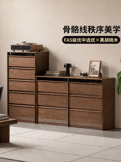 实木斗柜骨骼线抽屉柜卧室黑胡桃木储物柜黑标九边柜
