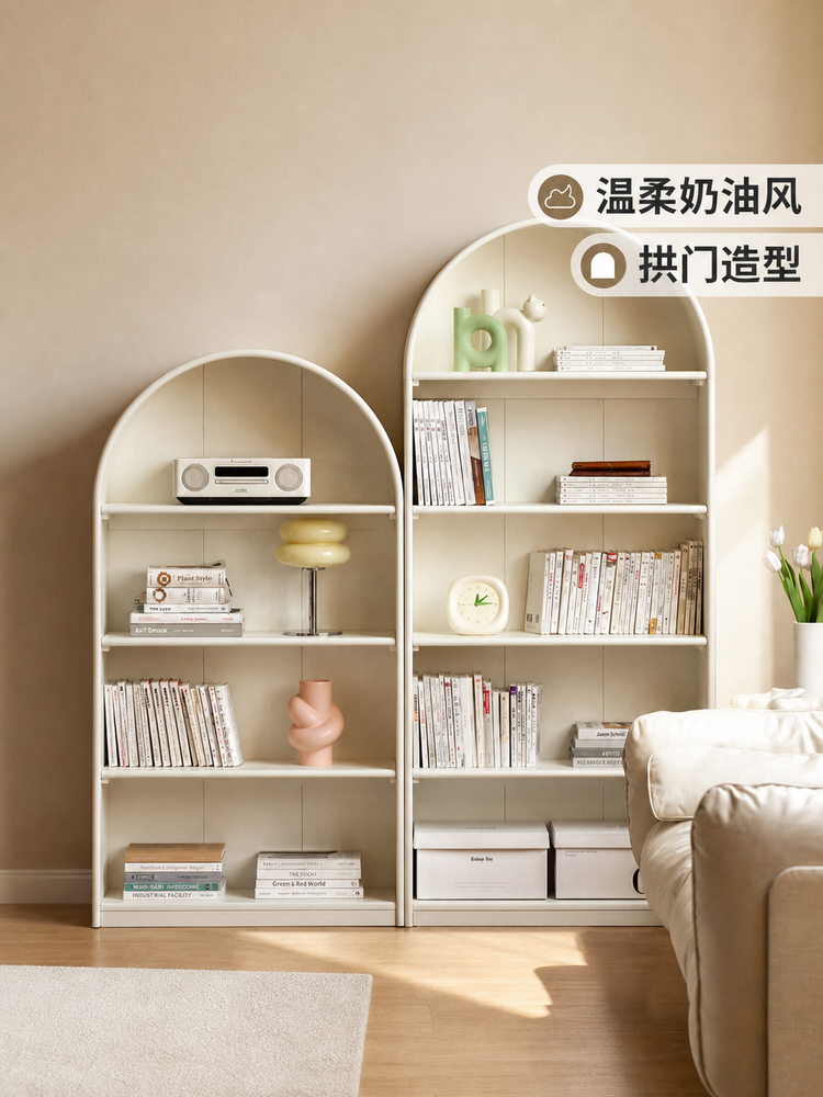 实木书柜靠墙展示柜白色落地书架置物架陈列柜法式奶油风