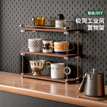实木置物架中古风办公桌面多层收纳架工业风咖啡厅杯子架