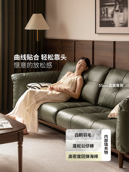 实木客厅意式轻奢真皮沙发三人位黑胡桃木沙发