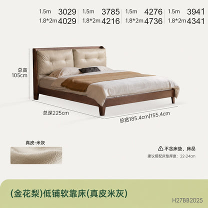 实木床卧室胡桃色双人床中古风真皮床多功能软包床