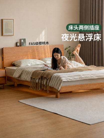 实木床樱桃木复古卧室悬浮床简约带灯双人床可充电斜靠床