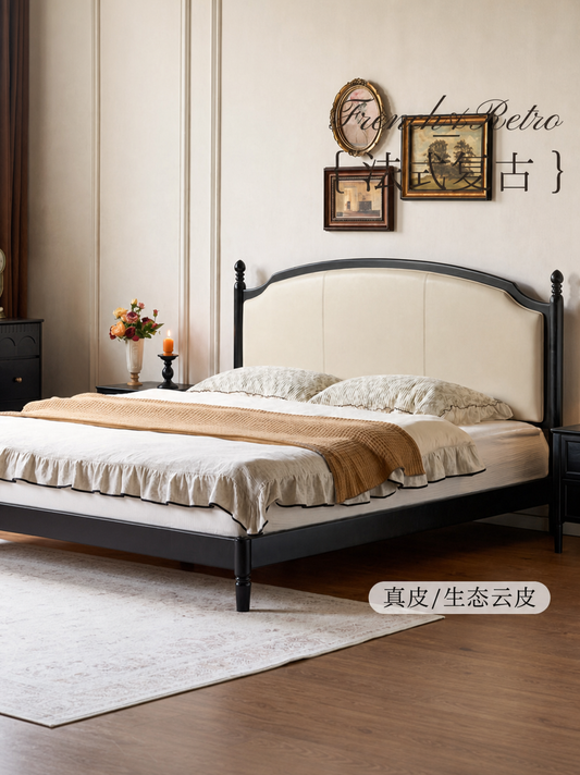 实木床法式复古真皮床卧室黑色1米8双人床齐边软靠床