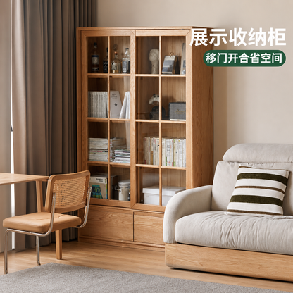 实木书柜现代简约移门收纳柜书房落地靠墙玻璃门展示柜