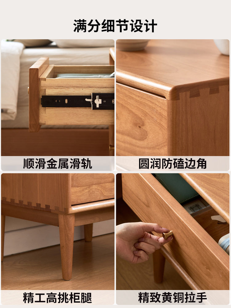 实木床头柜现代简约樱桃木色储物柜卧室两抽收纳柜