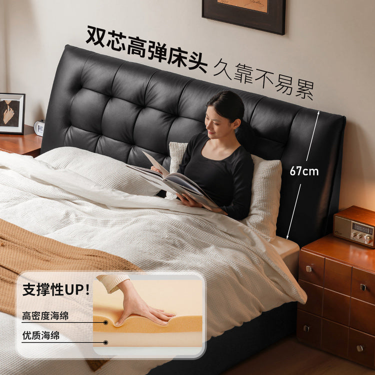 皮艺床高端大气真皮床卧室轻奢黑色软靠床储物箱体床