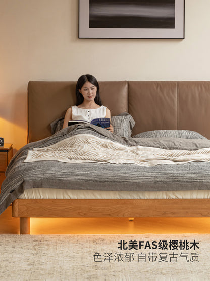 实木床现代简约夜光床卧室樱桃木真皮床1米8双人床