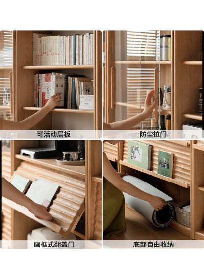 实木书柜带玻璃门落地书架多层置物架自由组合整墙展示柜