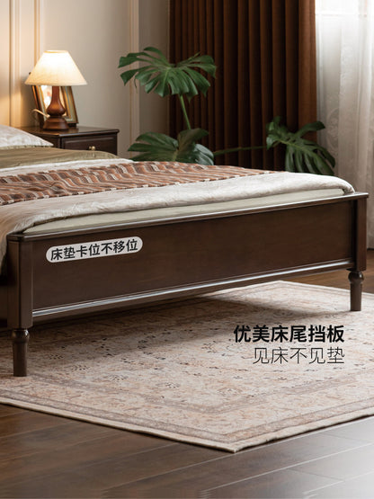 实木床简约中古大板床美式复古软靠床卧室深胡桃色双人床