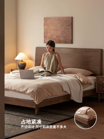 实木床现代简约大板床卧室黑胡桃木双人床小户型齐边床