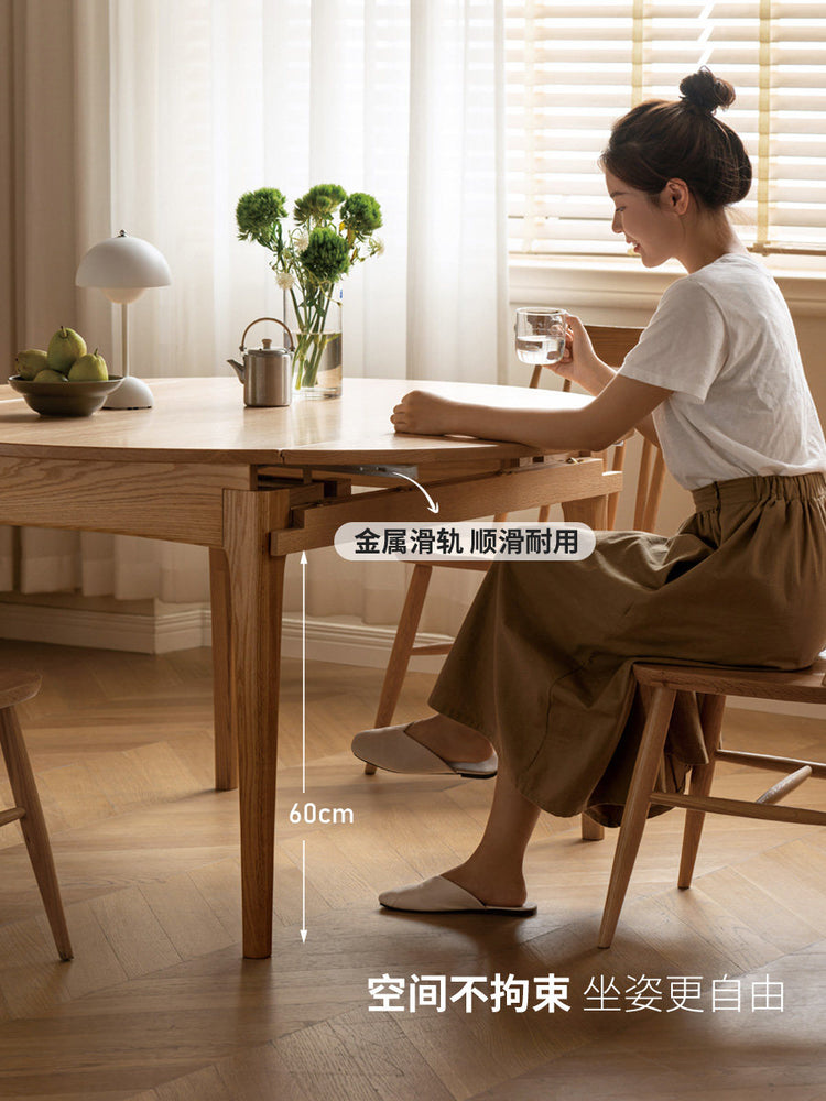 实木折叠餐桌橡木圆桌小户型伸缩饭桌原木风吃饭桌子
