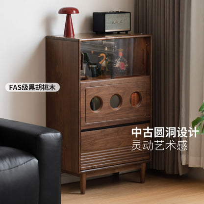 实木边柜客厅中古收纳储物柜复古展示柜黑胡桃木靠墙立柜