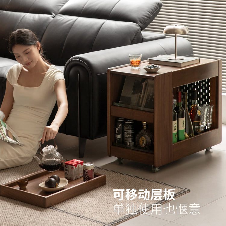 实木边几客厅意式轻奢角几黑胡桃木沙发边柜移动小推车