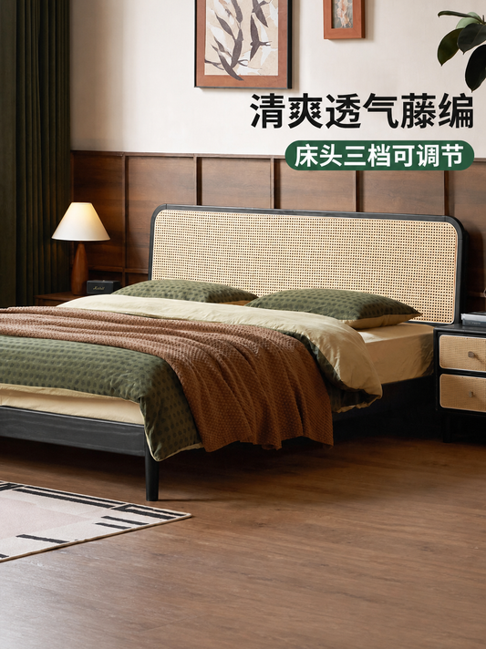 实木床卧室床头可调黑色大板床藤编床中古风双人床