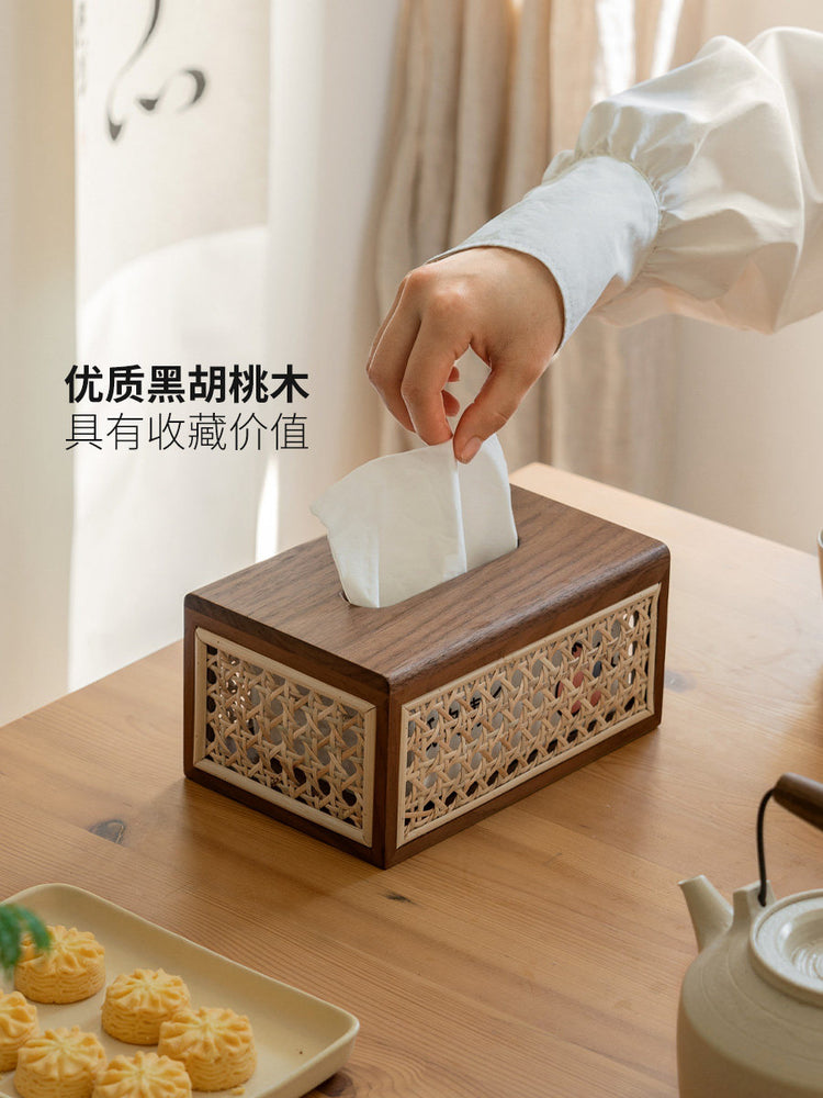 实木藤编纸巾盒新中式高颜值客厅餐厅复古黑胡桃木抽纸盒