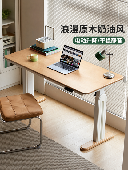 实木书桌奶油风书房电动升降桌工作台办公桌电脑桌