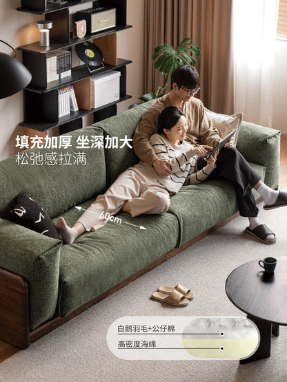 实木客厅意式轻奢落地布黑胡桃木豆腐块沙发