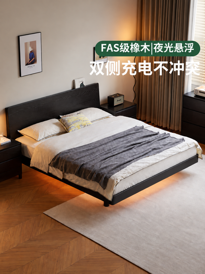 实木床北欧卧室家具带灯悬浮床现代简约大板床黑色双人床